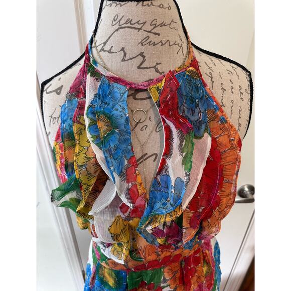 Women’s sz L Ruffle tropical Floral Print halter dress sundress night out - Picture 3 of 7